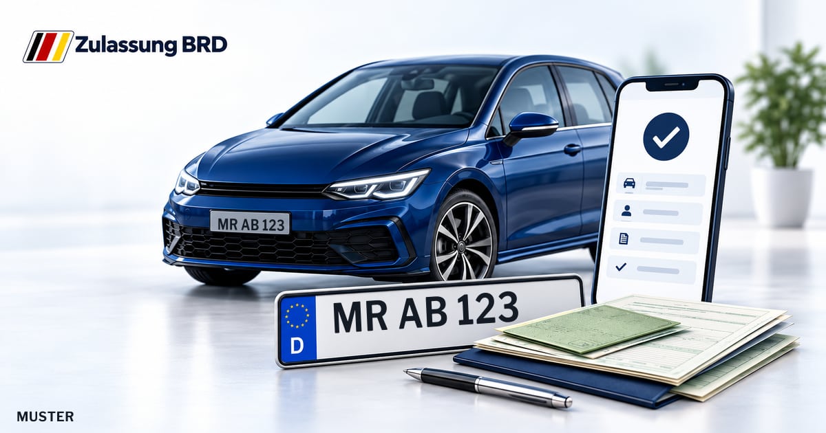 Online Fahrzeugzulassung in Stadtallendorf: Musterkennzeichen MR AB 123, Auto und Fahrzeugpapiere und Smartphone. Illustration mit Logo von Zulassung BRD.